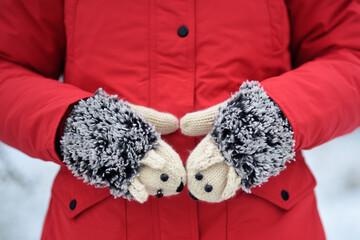 Warm hedgehog-shaped mittens