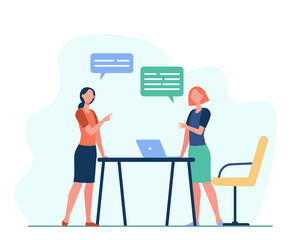 Two female colleagues discussing work. Laptop, team, speech bubble flat vector illustration. Business and communication concept for banner, website design or landing web page