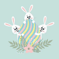 Vector image of a little cheerful bunnies hiding behind a crazy egg. Design elements for cards, flyers, banners.