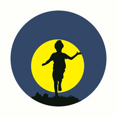 Fototapeta na wymiar the silhouette of a boy running in the moonlight
