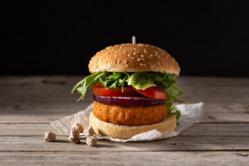 Delicious healthy chickpea burger. Alternative diet. Veganism food concept.