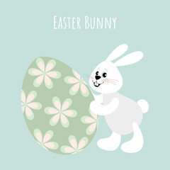 White cheerful bunny with a large Easter egg. Happy easter. Design elements for cards, flyers, banners.