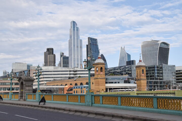 City of London skyline view from Southwark Bridge, United Kingdom 2020.