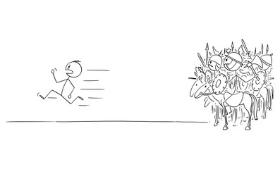 Vector cartoon stick figure illustration of man running away in fear and panic from group or army of ancient or medieval horse riders, cavalry, knights or marauders.