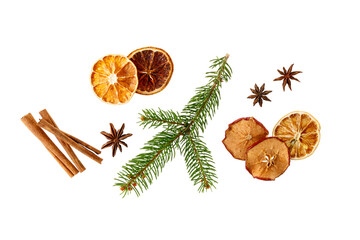 Christmas aromatic decoration with spices, dried fruits and fir branch isolated on white