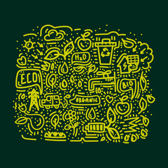 Energy-saving Doodle poster. Icon line cute background. renewable energy sources hand-drawn for environmentalists and greens. Cute banner recycling, solar energy, eco, bio, water, carbon, flowers and