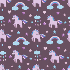 Seamless pattern with cute unicorn, clouds, rainbows. Bright cartoon illustration for textiles, paper, and Wallpaper for children's holiday decor.