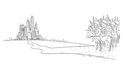 Fototapeta premium Vector cartoon stick figure illustration of army of medieval or ancient marauders or raiders ready to attack a modern city or civilization.