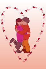 Valentine card with image of couple in love. Guy and girl embrace and are surrounded by the inscription - I love you in the shape of heart. Vector illustration in flat style, monochrome color scheme.