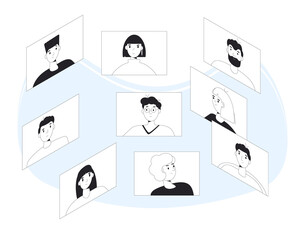 Video call conference. Friends online meeting. Digital communication. People talking to each other on computer screen. Vector color line art illustration.