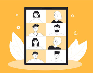 Video call conference. Online meeting. Digital communication. People talking to each other on tablet screen. Remote teamwork. Vector line art flat illustration.