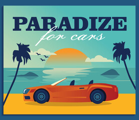 Promotional background design with sea and cabriolet. Paradise for cars advertisement. Transport and transportation concept. Template for promotional or invitation web page