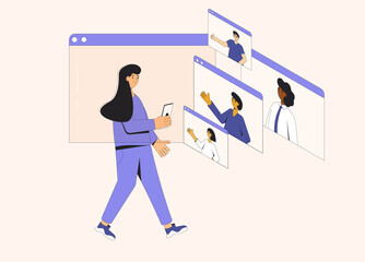 Video call conference. Friends online meeting. Digital communication. Young woman talking to others people with phone. Vector color line art illustration.