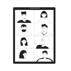 Video call conference. Online meeting. Digital communication. People talking to each other on tablet screen. Phone with video chat isolated on white background. Remote teamwork. Vector illustration
