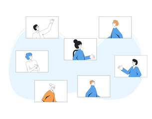 Video call conference. Friends online meeting. Digital communication. People talking to each other on computer screen. Vector color line art illustration.