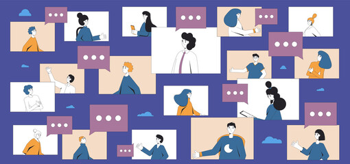Video call conference. Online meeting. Digital communication. People talking to each other on internet. Remote teamwork or learning. Vector color line art illustration.