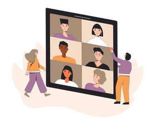 Video call conference. Friends online meeting. Digital communication. Young eople talking to each other on tablet screen. Vector color line art illustration.