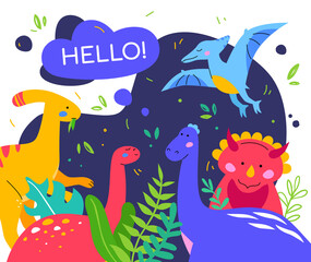 Cute dinosaurs - colorful flat design style poster