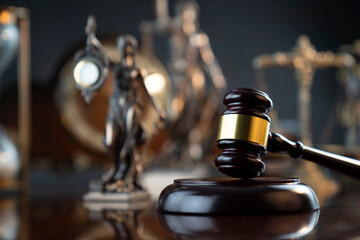 Law symbols composition. Judge’s gavel, Themis  statue, scale, hourglass and old clock on the shining wooden brown table and the gray background.