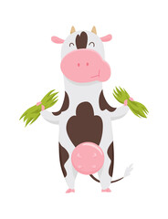 Cute spotted cow eating grass, funny farm animal cartoon character Illustration on a white background.