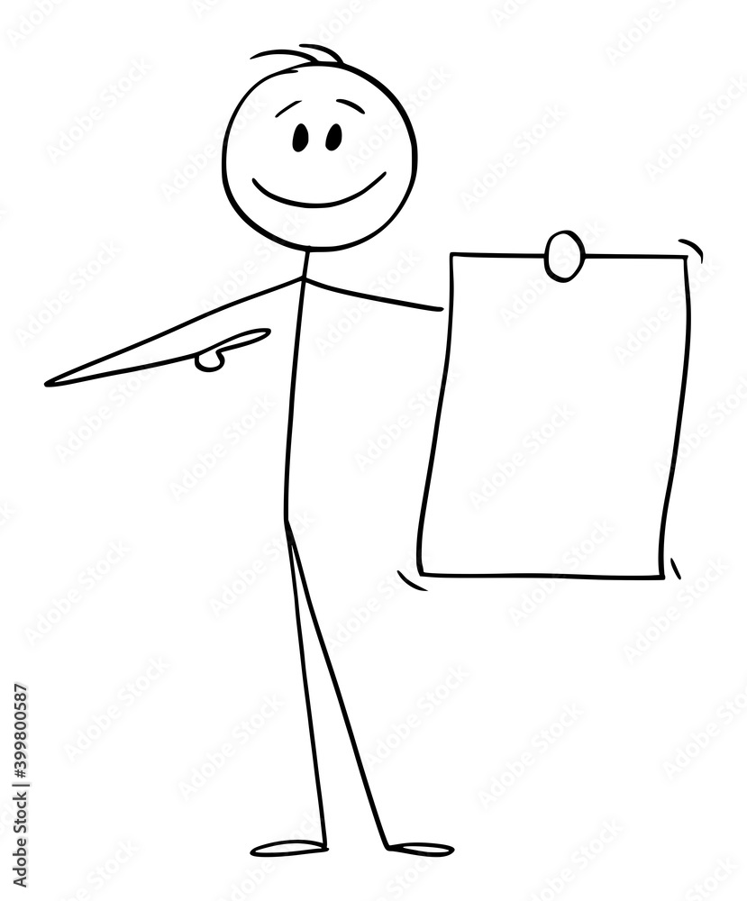 Sticker Vector cartoon stick figure illustration of smiling positive man or businessman holding and showing empty,document, paper or sign.