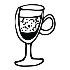 Single element hand drawn cup icon made of clear glass with latte. Vector illustration of doodles for cafes and restaurants, cute postcards and culinary design.