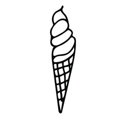 Single-element hand-drawn ice cream icon in a waffle cone. Vector illustration of doodles for cafes and restaurants, cute postcards and culinary design.