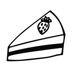 Single-element hand-drawn icon of a piece of cake with strawberries. Vector illustration of doodles for cafes and restaurants, cute postcards and culinary design.