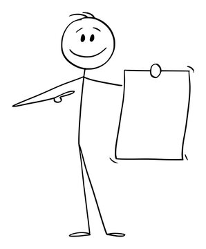 Vector cartoon stick figure illustration of smiling positive man or businessman holding and showing empty,document, paper or sign.