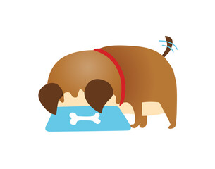 Cute fluffy little dog eating from bowl, side view portrait, flat cartoon illustration isolated on white background. White fluffy dog, puppy character eating food from a bowl.