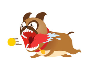 Funny cartoon dog running after tennis ball. Cute puppy illustration.
