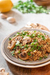 Quinoa stewed with mushrooms, onions, garlic, and parsley in a plate on a gray concrete table close-up. Delicious and healthy vegetarian food. Quinoa with champignons.