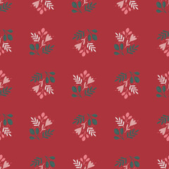 Folk traditional botanic seamless pattern with leaves branches in green and white color. Red background.