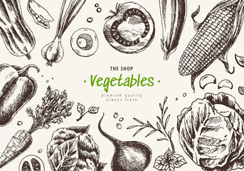 Vegetables top view frame. Farmers market menu design. Organic food poster. Hand drawn engraving style texture with tomatoes, pepper, onion, cabbage, beets, carrots, mushrooms, corn.