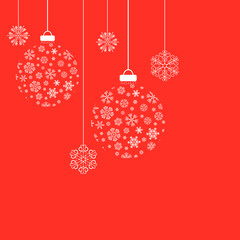 New Years balls and snowflakes. Vector illustration of Christmas balls and snowflakes on a red background.
