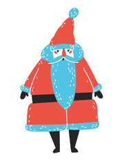 Hand-drawn vector illustration of Santa Claus with blue mustache and red costume isolated on white background. Illustration in vintage style. For greeting card and another print design.