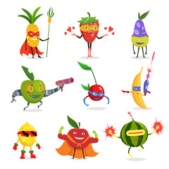 Superhero Fruits In Masks And Capes Set Of Cute Childish Cartoon Humanized Characters In Costumes in different poses.