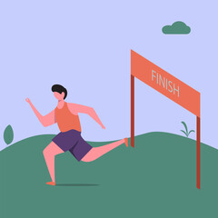 Vector illustration. male runners cross the finish line, marathon illustration. modern flat people character.