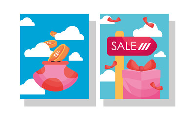 shopping purse with coins and gift labels vector design