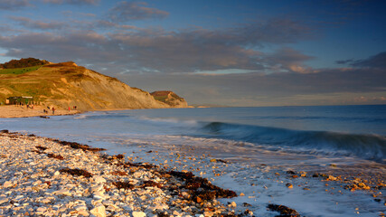 Autumn evening light on the cliffs at Charmouth, Dorset, UK