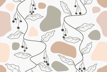 Fototapeta premium vines and ivy background with climbing leaves in green on a pastel beige or yellow background in a pretty charming random pattern design