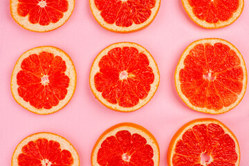 top view tasty grapefruits lined on pink background juice fresh fruit color citrus diet
