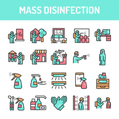 Mass disinfection color line icons set. Isolated vector element.