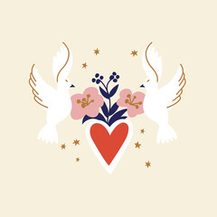 Vector illustration sacred heart with doves and flowers. Traditional mexican symbol.