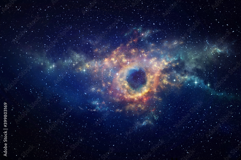 Poster black hole and cosmic waves in outer space. nebula at the center of a galaxy clusters in universe. s