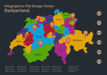 Infographics Switzerland map, flat design colors, with names of individual regions, blue background with orange points vector