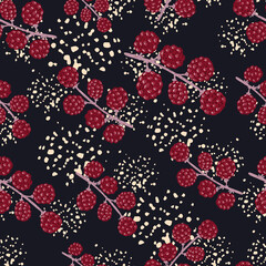 Random seamless fresh food pattern with simple pink colored blackberries. Black background with splashes.