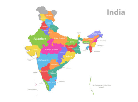 India map, administrative division, separate individual regions with names, new map of division year 2020, color map isolated on white background vector