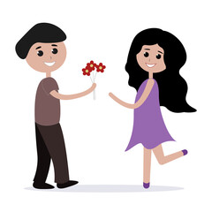 The guy gives the girl flowers. Cheerful childrens illustration. Cartoon couple of lovers isolated on white background. Valentine's Day.