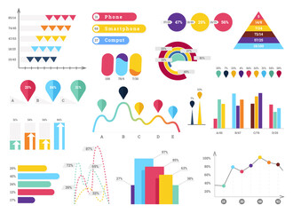 Fototapeta premium Set of most useful infographic elements - bar graphs, pie charts, steps and options, workflow, puzzle, percents, circle diagram, timeline, illustration.